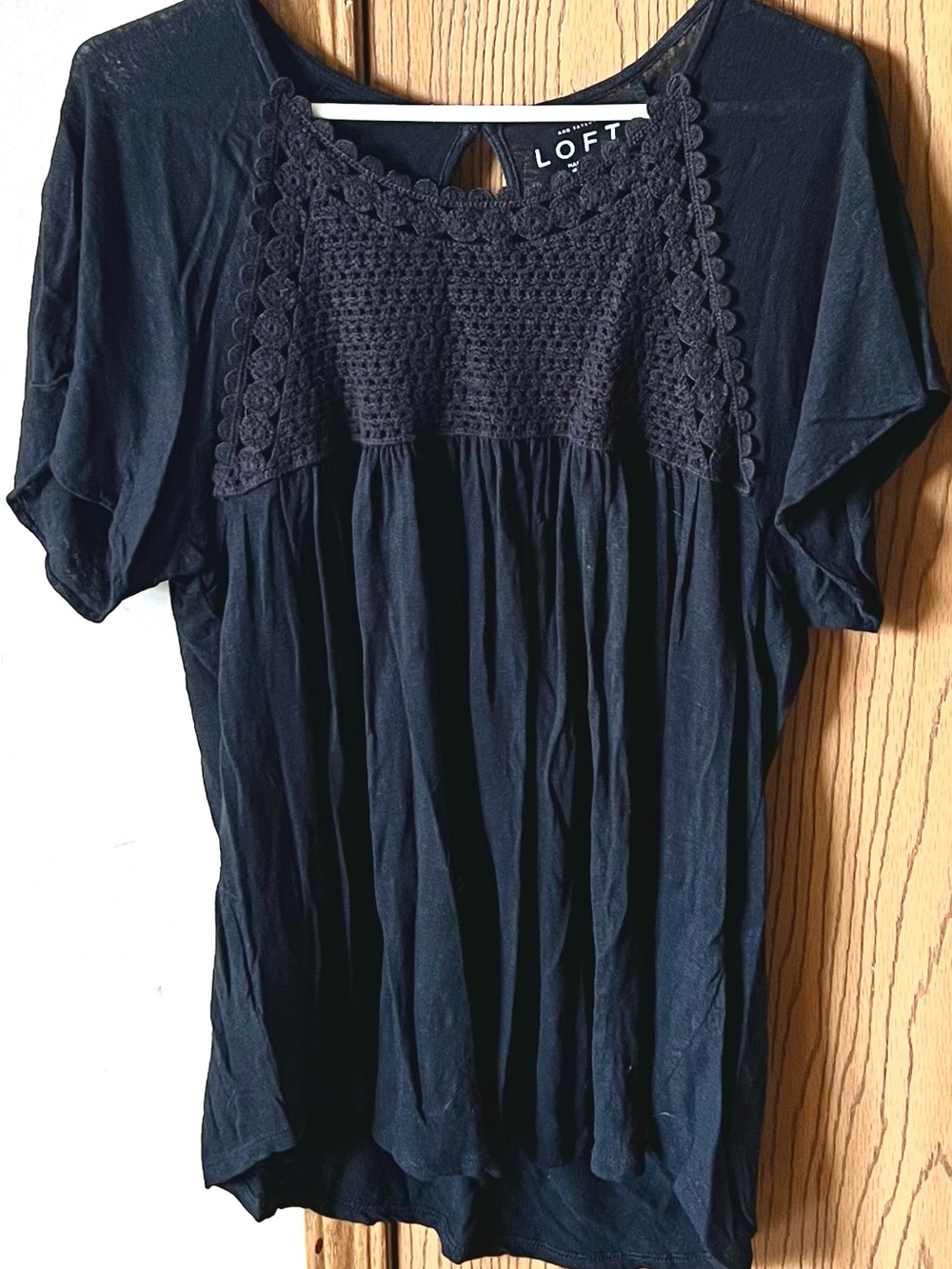 LOFT Black Crochet Yoke Short-Sleeve Top - Picture 4 of 7
